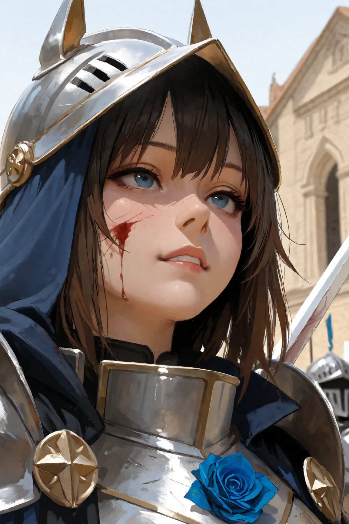 wide range shot, 
score_9, score_8_up, score_7_up, score_6_up, score_5_up, score_4_up, rating_safe, source_photorealistic
 BREAK {(masterpiece,best quality, 16K portrait, UHD, extremely beautiful detailed and super-fine-photorealistic expression)}
 BREAK {(super-fine-photorealistic expression:1.4),(super-fine-photorealistic face:1.5),(contour-emphasis),(beautiful artwork)}

The Blue Rose Knights are marching at cruising speed on their cavalry. The knights are made up entirely of women. The leader, an unknown female knight of the lower ranks, has a sword wound on her face and is a hero who has survived countless gruesome battlefields. Three strong female light infantrymen are running beside her as attendants. All of them are lightly armed and have a firm, springy gait, moving swiftly while keeping their eyes on the ground. The elite knights number 200 and are all mounted on horseback. They are running at a steady pace without getting too close to each other.