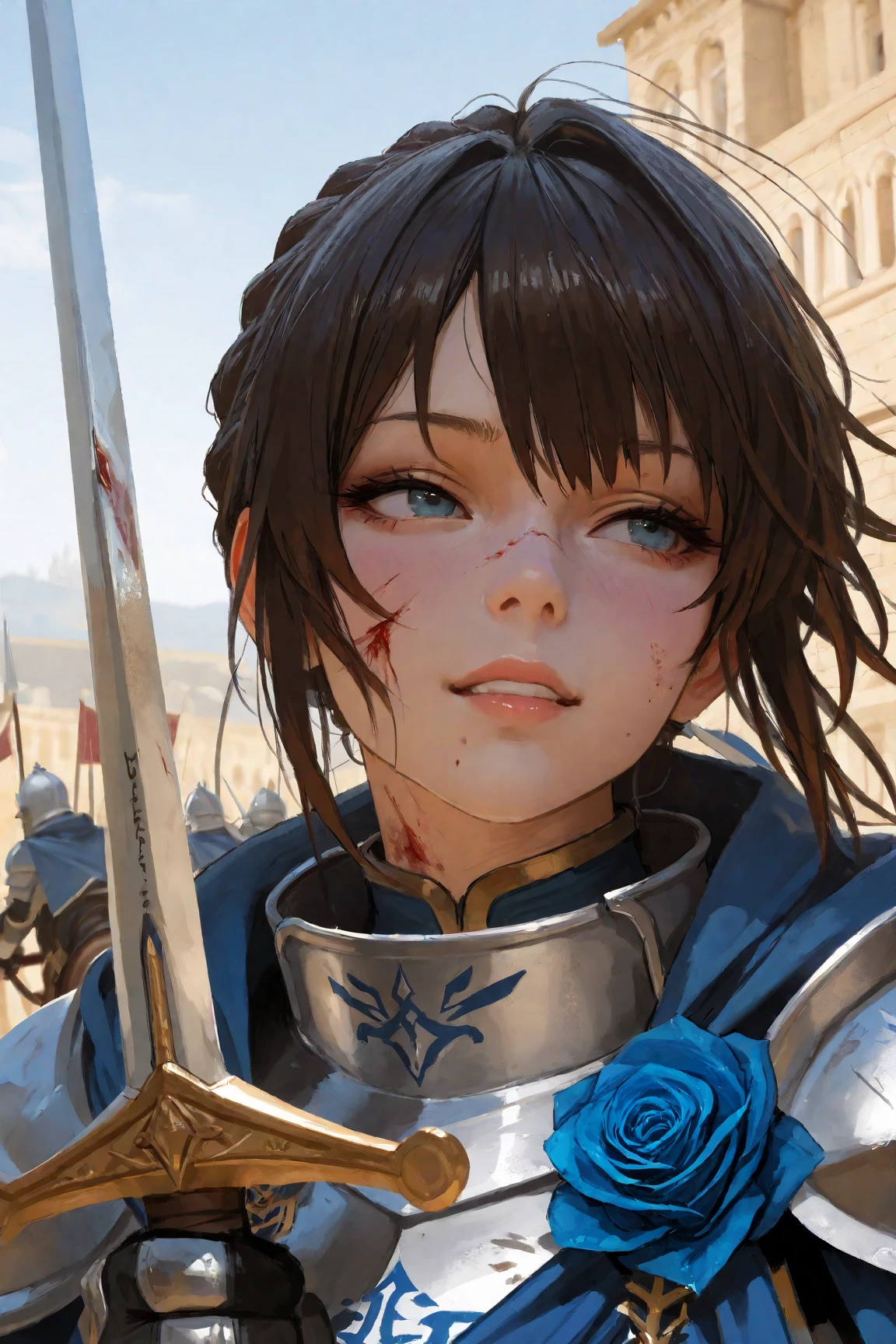 wide range shot, 
score_9, score_8_up, score_7_up, score_6_up, score_5_up, score_4_up, rating_safe, source_photorealistic
 BREAK {(masterpiece,best quality, 16K portrait, UHD, extremely beautiful detailed and super-fine-photorealistic expression)}
 BREAK {(super-fine-photorealistic expression:1.4),(super-fine-photorealistic face:1.5),(contour-emphasis),(beautiful artwork)}

The Blue Rose Knights are marching at cruising speed on their cavalry. The knights are made up entirely of women. The leader, an unknown female knight of the lower ranks, has a sword wound on her face and is a hero who has survived countless gruesome battlefields. Three strong female light infantrymen are running beside her as attendants. All of them are lightly armed and have a firm, springy gait, moving swiftly while keeping their eyes on the ground. The elite knights number 200 and are all mounted on horseback. They are running at a steady pace without getting too close to each other.