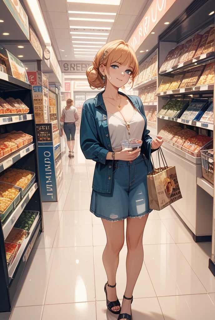 (masterpiece, Best Quality, ultra-detailed, high resolution, extremely detailed CG, official art, Professional Lighting, Perfect Anatomy), (from below), looking at viewer, cowboy shot, perfect body, 24yo beautiful 1girl, delicate beautiful face, Bright magenta eyes, cute eyes, sparkling eyes, (perky chest:1.1), (pointed chest:1.3), medium hips, glamorous body,a small face,beautiful-makeup,Makeup light,Shortcut Hair,dark brown hair, Amazing Cleavage, thin waist,Raised sexy, small breast: 1.2 ,posed cleavage:1.2, micro denim skirts, bare legs, nail_polish, Waiting friend, (at morning:1.5), tokyo, (convenience store:1.3), outdoor, (depth of field:1.3), contrapposto, (Hold a coffee in your hand:1.3), looking at viewer,