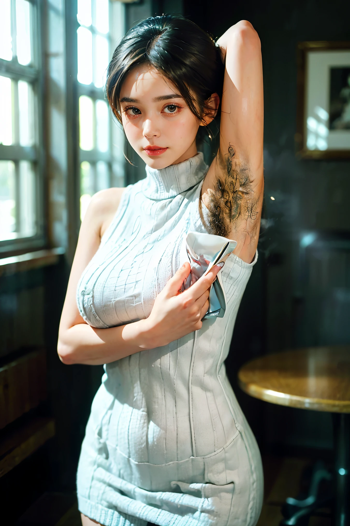photorealistic, very detailed skin, delicate beautiful Woman, (facing away:0.75), white teeth smile,sit on luxurius sofa,(tying her hair:1.4), ((bun hair)), fine body figure, medium round breasted, lose white dress, deep cleavage, (armpit, hairy armpit:0.7), (sweaty:1), night, indoors, living room, deep shadow, low key, lightning on woman, 18yo, soft light, dynamic lightning, full body shot, fine art cinematography, 8k, from above, (Masterpiece), (top quality)
