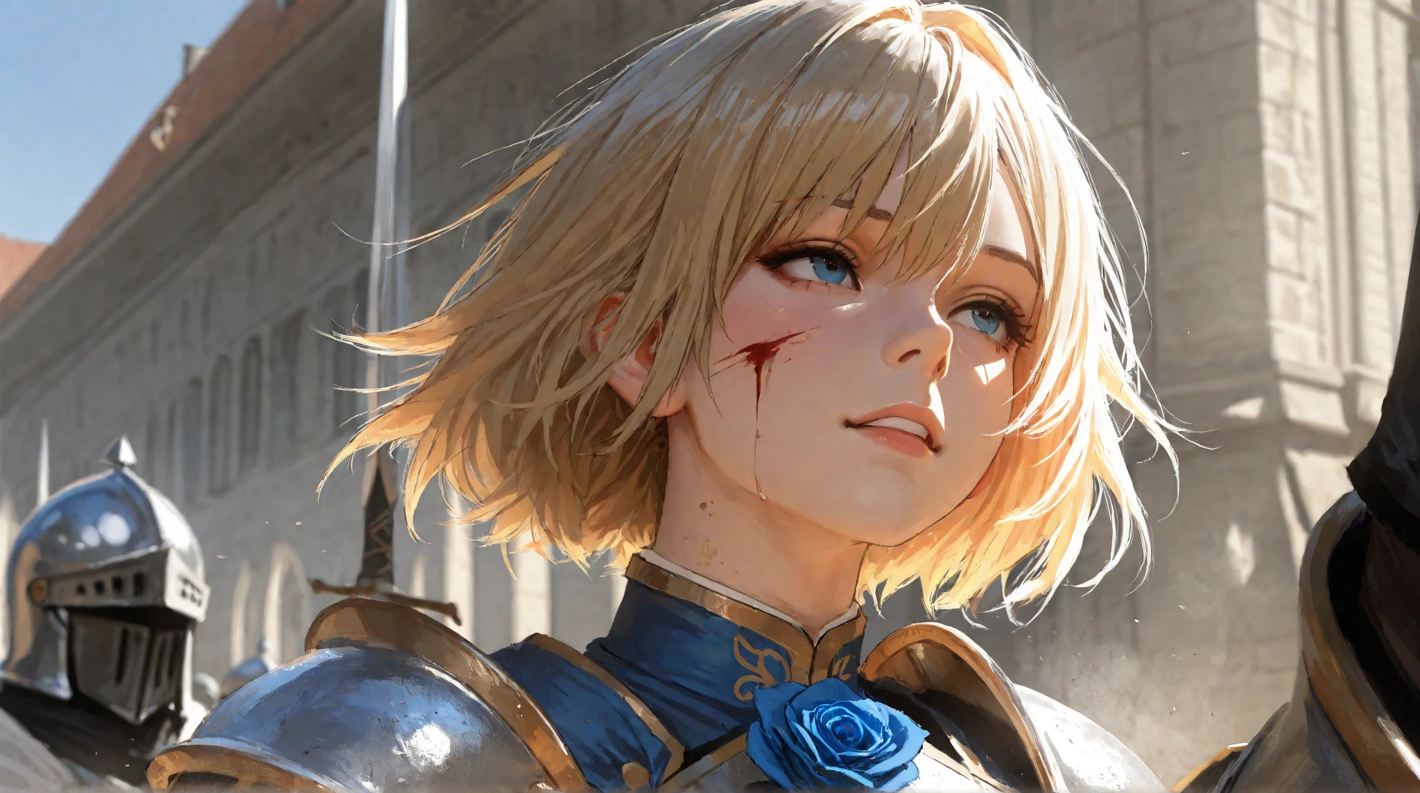 wide range shot, 
score_9, score_8_up, score_7_up, score_6_up, score_5_up, score_4_up, rating_safe, source_photorealistic
 BREAK {(masterpiece,best quality, 16K portrait, UHD, extremely beautiful detailed and super-fine-photorealistic expression)}
 BREAK {(super-fine-photorealistic expression:1.4),(super-fine-photorealistic face:1.5),(contour-emphasis),(beautiful artwork)}

The Blue Rose Knights are marching at cruising speed on their cavalry. The knights are made up entirely of women. The leader, an unknown female knight of the lower ranks, has a sword wound on her face and is a hero who has survived countless gruesome battlefields. Three strong female light infantrymen are running beside her as attendants. All of them are lightly armed and have a firm, springy gait, moving swiftly while keeping their eyes on the ground. The elite knights number 200 and are all mounted on horseback. They are running at a steady pace without getting too close to each other.