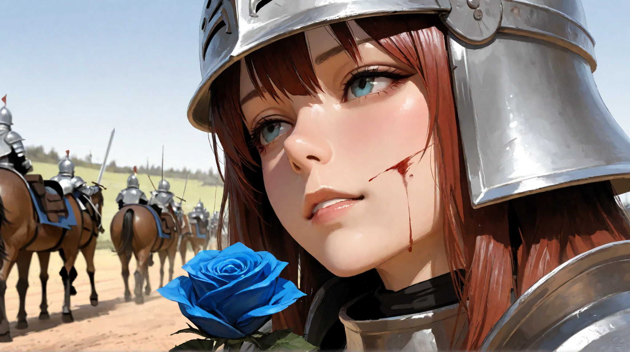 wide range shot, 
score_9, score_8_up, score_7_up, score_6_up, score_5_up, score_4_up, rating_safe, source_photorealistic
 BREAK {(masterpiece,best quality, 16K portrait, UHD, extremely beautiful detailed and super-fine-photorealistic expression)}
 BREAK {(super-fine-photorealistic expression:1.4),(super-fine-photorealistic face:1.5),(contour-emphasis),(beautiful artwork)}

The Blue Rose Knights are marching at cruising speed on their cavalry. The knights are made up entirely of women. The leader, an unknown female knight of the lower ranks, has a sword wound on her face and is a hero who has survived countless gruesome battlefields. Three strong female light infantrymen are running beside her as attendants. All of them are lightly armed and have a firm, springy gait, moving swiftly while keeping their eyes on the ground. The elite knights number 200 and are all mounted on horseback. They are running at a steady pace without getting too close to each other.