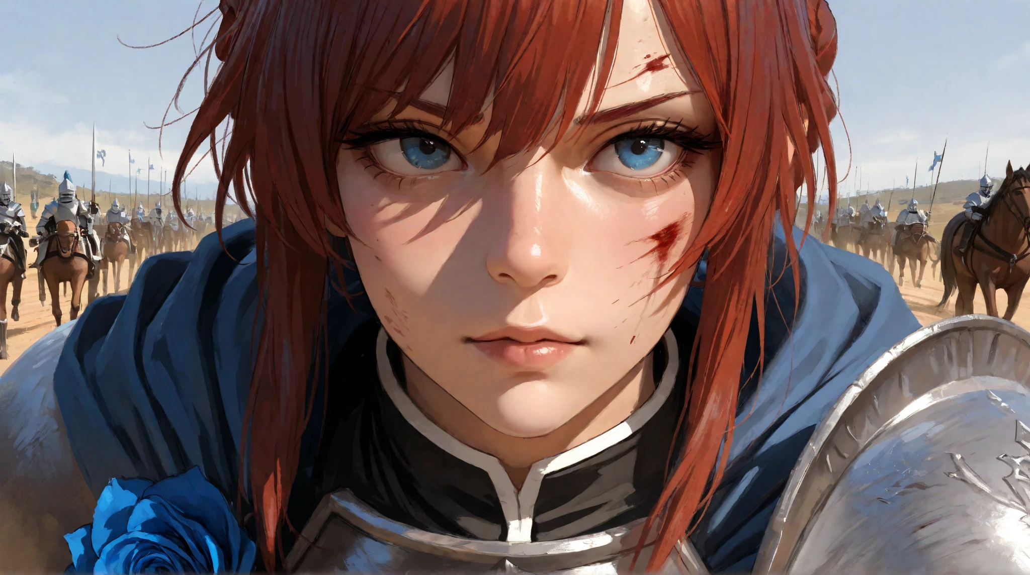 wide range shot, 
score_9, score_8_up, score_7_up, score_6_up, score_5_up, score_4_up, rating_safe, source_photorealistic
 BREAK {(masterpiece,best quality, 16K portrait, UHD, extremely beautiful detailed and super-fine-photorealistic expression)}
 BREAK {(super-fine-photorealistic expression:1.4),(super-fine-photorealistic face:1.5),(contour-emphasis),(beautiful artwork)}

The Blue Rose Knights are marching at cruising speed on their cavalry. The knights are made up entirely of women. The leader, an unknown female knight of the lower ranks, has a sword wound on her face and is a hero who has survived countless gruesome battlefields. Three strong female light infantrymen are running beside her as attendants. All of them are lightly armed and have a firm, springy gait, moving swiftly while keeping their eyes on the ground. The elite knights number 200 and are all mounted on horseback. They are running at a steady pace without getting too close to each other.