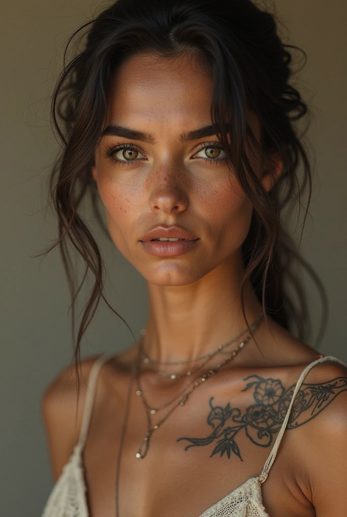 high resolution, 1 woman, hips up, Beautiful eyes, Long hair, jewelry, tattoo, street wear