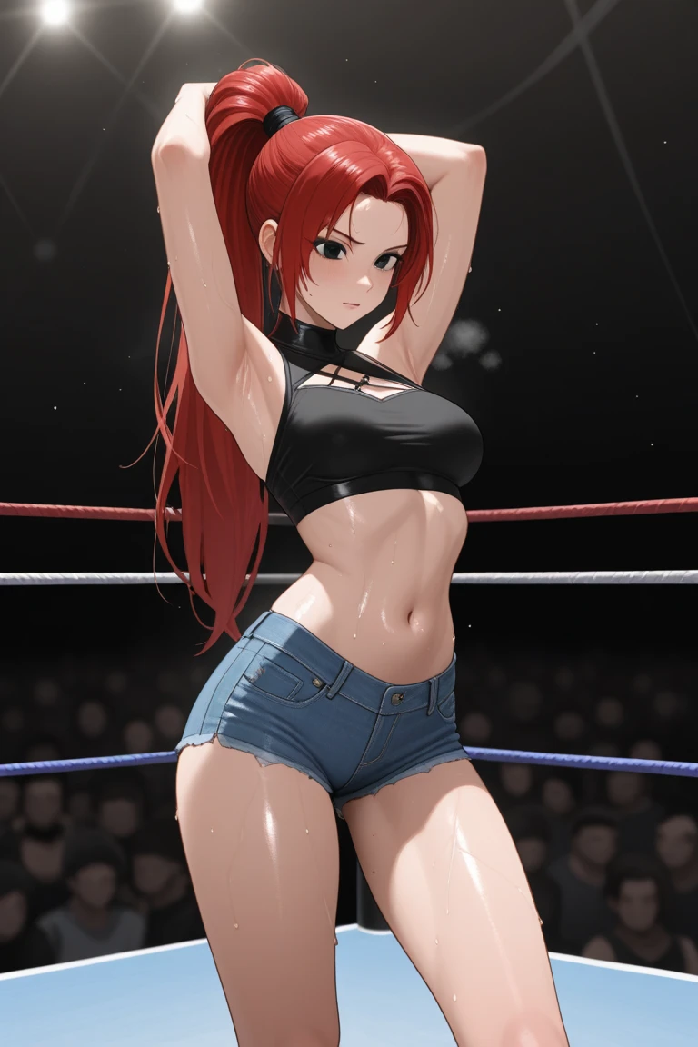 ((solo, 1woman, TakashiroHiroko, dark purple eyes, red hair, pink lipstick, Extremely detailed, ambient soft lighting, 4k, perfect eyes, a perfect face, perfect lighting, a 1girl)), ((solo, (1woman, pink lipstick), Extremely detailed, ambient soft lighting, 4k, perfect eyes, a perfect face, perfect lighting, a 1girl)), ((araffes of a woman, red top, black mini shorts, a woman in black and red outfit, waist - shot, boom, her navel is exposed, accentuated curvy booty, toned bottom, shapely ass, she has her back to us, the super hot and sexy, wwe, katanas tied to the back, looking back, leather))