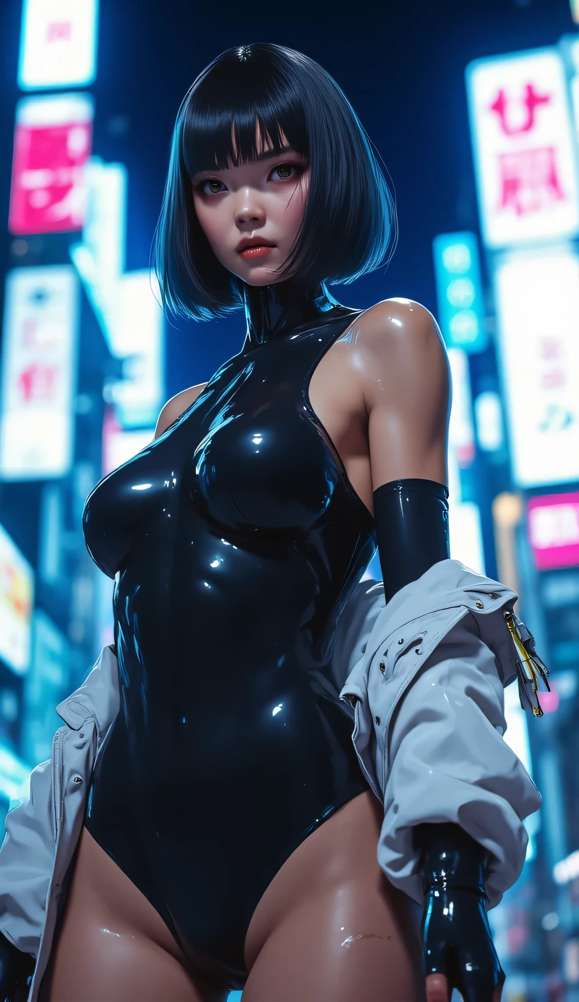 High resolution photo of a woman、Beautiful woman in a bare-chested white leotard、Dark blue bob hair、bangs、stockings、High heel boots、Holds a gun from the future、Black leather jacket、ghost in the Shell、Motoko Kusanagi、City of the Future、