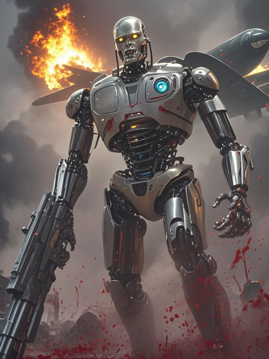 Terminator fires large gun, with explosion behind, full body