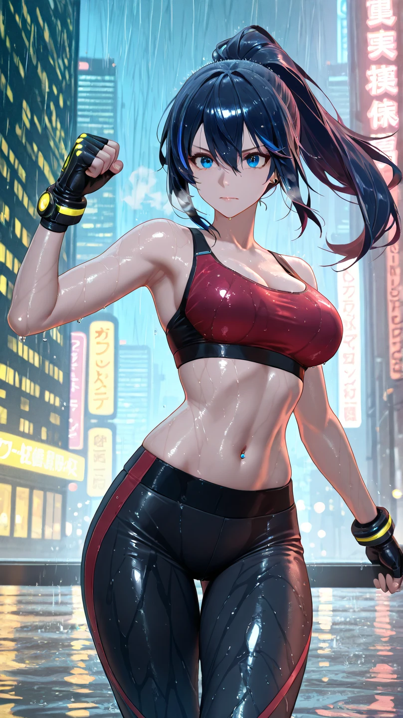 score_9、score_8_up、score_8、Girl 1、solo、Short-tempered girl、Brutal muscular body、Messy short hair、Tomboy、Bra visible through clothes、A tight, see-through black T-shirt、Big Breasts、Wide collar、Multicolored black and white hair、Striped Hair、Hands in hair、Awkwardly looking away、Very excited、Sweaty、Red、Focus on the upper body、Focus on the face、Abdominal muscles、wide torso、Thong、((Grey oversized cargo pants))、Very wide hips