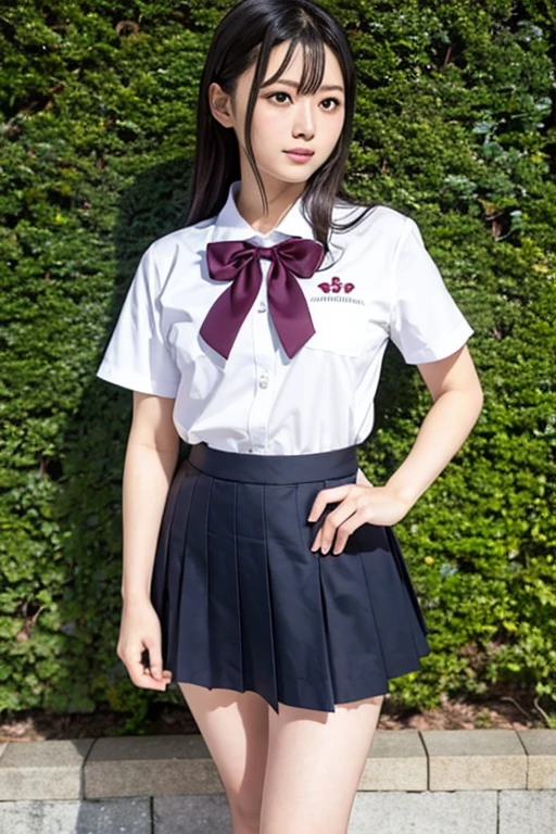 table top, highest quality, (outdoors、schoolyard)、one girl, (beautiful girl:1.3), (16 years old:1.2), extremely fine transparency, (symmetrical eyes:1.3), ((NSFW)), (jump, school uniform, put out naked, cute skirt, put out naked:1.3), ((jump:1.6))、beautiful breasts, brown eyes, parted bangs, brown hair, upper teeth