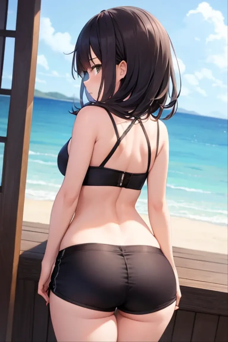 1girl, highleg panties,
ass, beach,, masterpiece, best quality, highly detailed, short black shine hair, red eyes, red choker