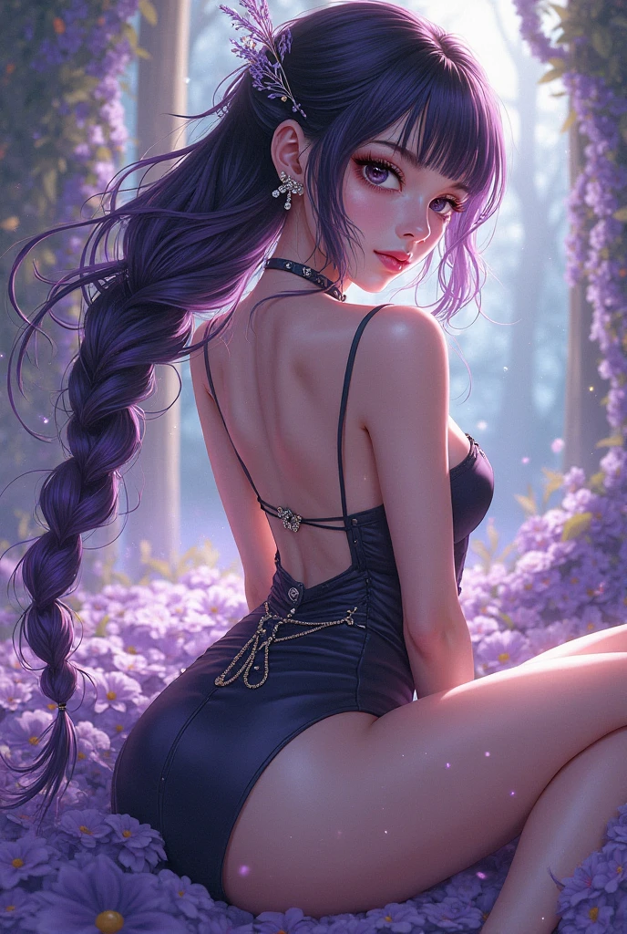 (Best Quality, 8k, 32k, Masterpiece, UHD:1.3), (Photo of Attractive Korean Woman), 1 Girl, (super huge Boobs:1.2), ( long braiding light purple hair) , 1 big side braid, Abs, Perfect Body, Ultra Detailed Face, Detailed Lips, Lust Eyes, double eyelids, lying on her back, lying on an old tree, (seductive), ((aroused:1.5)), ((areolae slip)), Full body, black sheer lingerie, elf, black sheer underwear, lace nightdress, shining hair, japanese goddess, lying on her back, gorgeous maid, beautiful asian girl, korean girl, japanese model, japanese, asian girl, sexy girl, asian, korean woman, seductive, lovely woman, captivating and enticing, (RAW photo: 1.2), top quality, beautiful detailed girl, from below, highly detailed eyes and face, beautiful detailed eyes, huge file size, high resolution, 8k wallpaper, fine detail, highly detailed ticker uniform 8k wallpaper, light on face, movie lighting, 18 year old girl, sexy pose, (photorealism: 1.4), illustration, Super detail, masterpiece, shy look, shy, lewd,very big tits,very huge boobs, (super huge Boobs:1.4), very large ass, double breasts, seductive, wet skin, necklace, earings, sexy, bare shoulders, bare waist, bare thighs, bare breast, flowers on hair, in the forest