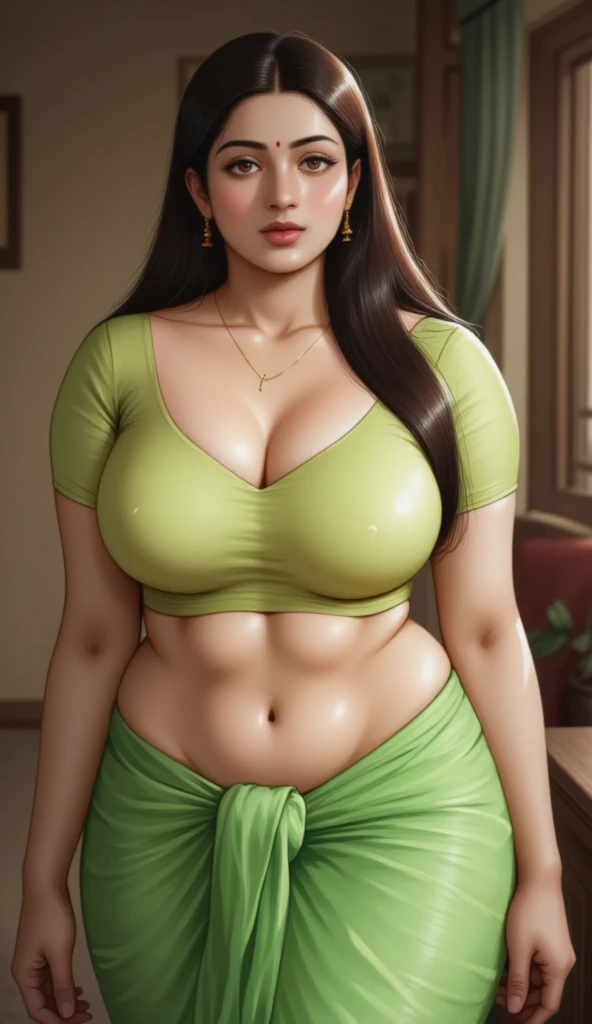 Kareena Kapoor face, Realistic face, Indian model, beautiful face, light green eyes, fat lips, long black hair, tight shirt and white leggings, big round breasts, tight bust, deep cleavage, deep navel, fair skin, wide hips, cameltoe, big round ass, MILF BODY, Sakura tree in background, sexualize