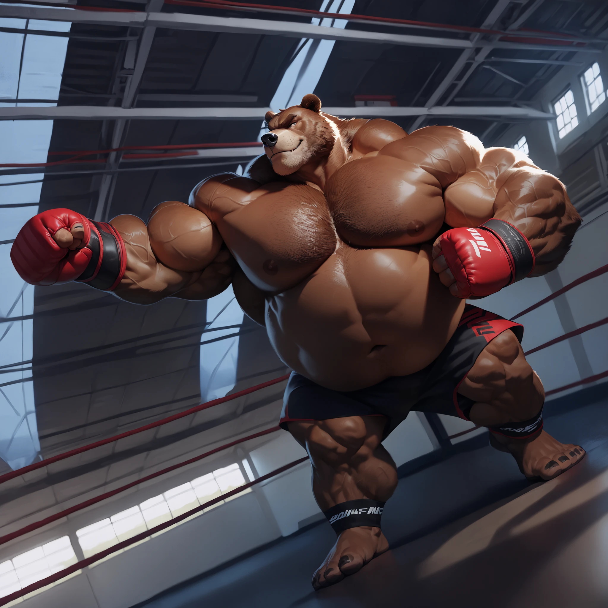 Solo, 1boy, Swole Overweight Muscular Old, smirking glare, focusing on his punches, ((extremely muscle size, super thick arms, huge broad pec, extremely wide pectoral, brown fur, huge arms, plump swole body), height: 220cm (7’2) weight: 270kg (595 lbs), a Kodiak brown bear in black UFC MMA shorts with red lines, wearing UFC MMA gloves with red pads, and black toeless socks as he workouts in the gymnasium warehouse, realistic, 8k, masterpiece, t4r4nf1dd13r