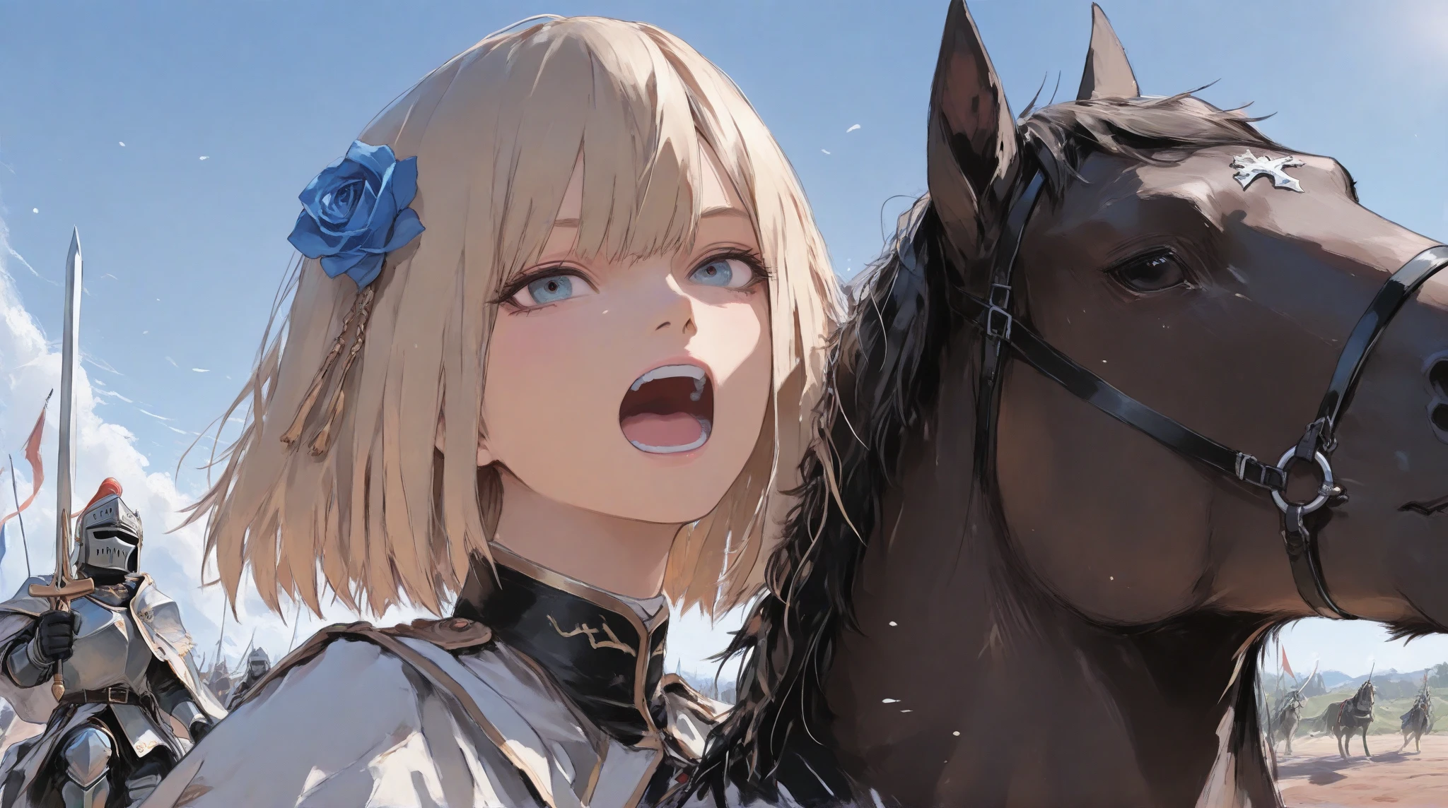 wide range shot, 
score_9, score_8_up, score_7_up, score_6_up, score_5_up, score_4_up, rating_safe, source_photorealistic
 BREAK {(masterpiece,best quality, 16K portrait, UHD, extremely beautiful detailed and super-fine-photorealistic expression)}
 BREAK {(super-fine-photorealistic expression:1.4),(super-fine-photorealistic face:1.5),(contour-emphasis),(beautiful artwork)}

The Blue Rose Knights are marching at cruising speed on their cavalry. The knights are made up entirely of women. The leader, an unknown female knight of the lower ranks, has a sword wound on her face and is a hero who has survived countless gruesome battlefields. Three strong female light infantrymen are running beside her as attendants. All of them are lightly armed and have a firm, springy gait, moving swiftly while keeping their eyes on the ground. The elite knights number 200 and are all mounted on horseback. They are running at a steady pace without getting too close to each other.