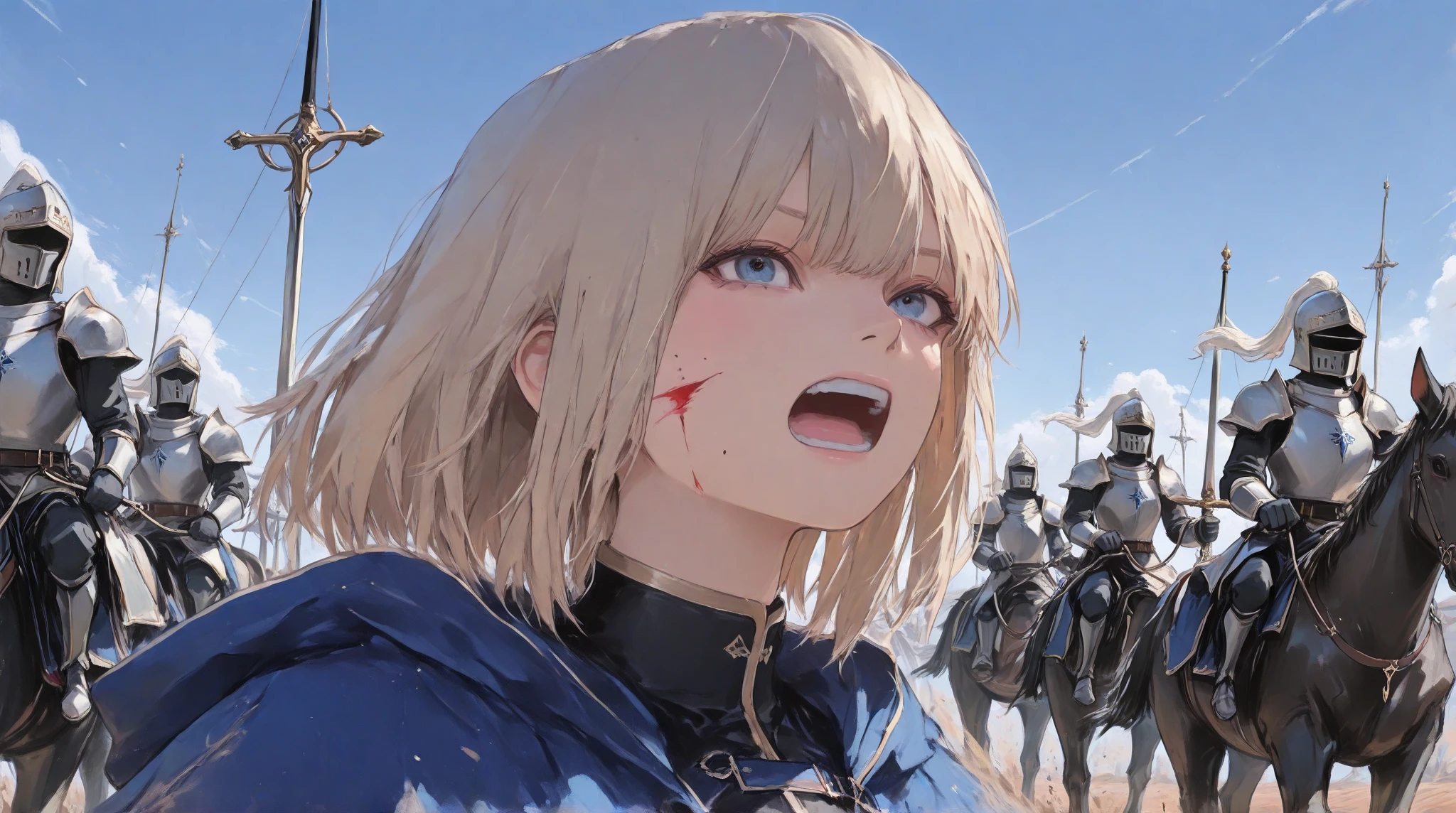 wide range shot, 
score_9, score_8_up, score_7_up, score_6_up, score_5_up, score_4_up, rating_safe, source_photorealistic
 BREAK {(masterpiece,best quality, 16K portrait, UHD, extremely beautiful detailed and super-fine-photorealistic expression)}
 BREAK {(super-fine-photorealistic expression:1.4),(super-fine-photorealistic face:1.5),(contour-emphasis),(beautiful artwork)}

The Blue Rose Knights are marching at cruising speed on their cavalry. The knights are made up entirely of women. The leader, an unknown female knight of the lower ranks, has a sword wound on her face and is a hero who has survived countless gruesome battlefields. Three strong female light infantrymen are running beside her as attendants. All of them are lightly armed and have a firm, springy gait, moving swiftly while keeping their eyes on the ground. The elite knights number 200 and are all mounted on horseback. They are running at a steady pace without getting too close to each other.