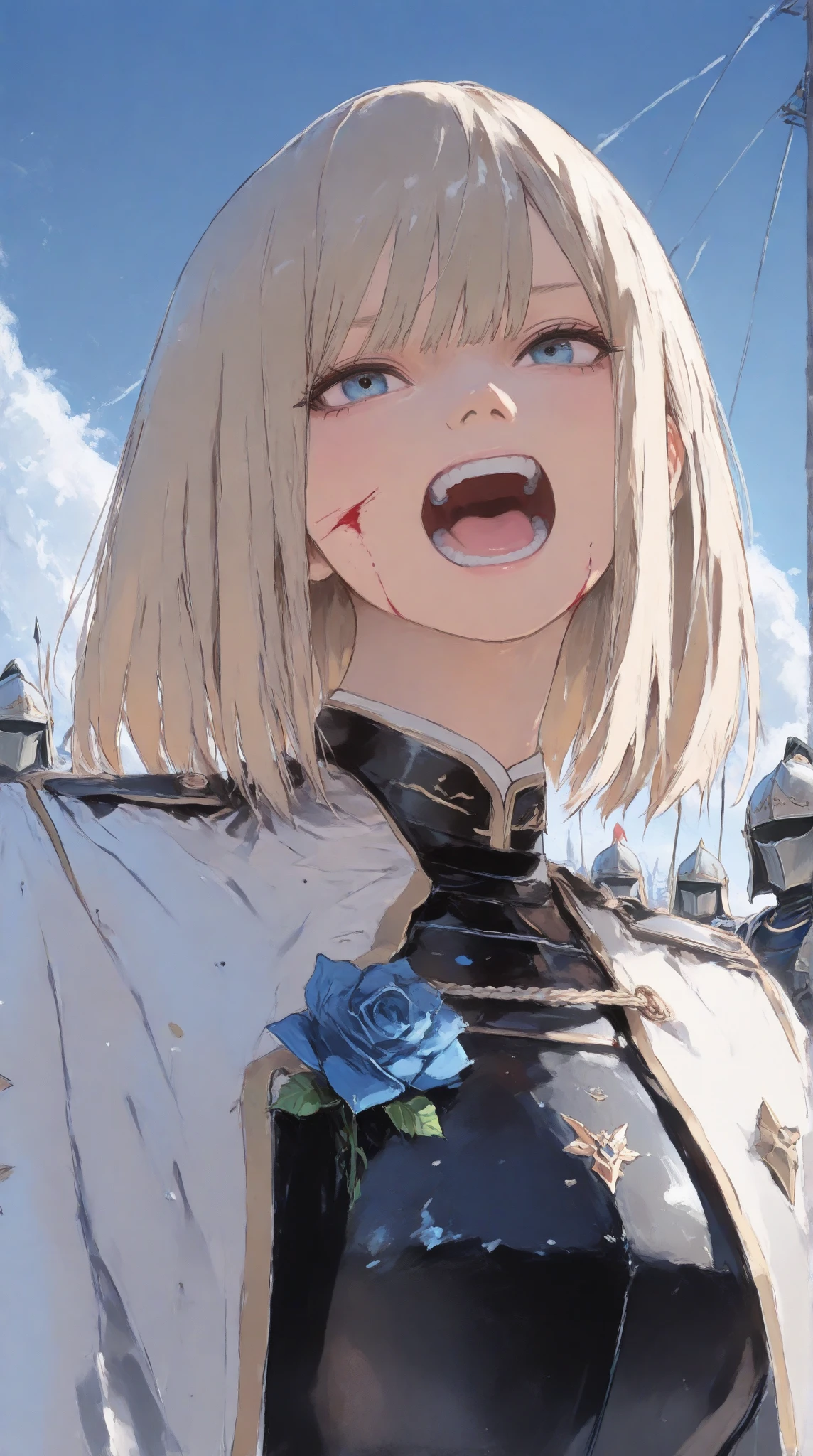 wide range shot, 
score_9, score_8_up, score_7_up, score_6_up, score_5_up, score_4_up, rating_safe, source_photorealistic
 BREAK {(masterpiece,best quality, 16K portrait, UHD, extremely beautiful detailed and super-fine-photorealistic expression)}
 BREAK {(super-fine-photorealistic expression:1.4),(super-fine-photorealistic face:1.5),(contour-emphasis),(beautiful artwork)}

The Blue Rose Knights are marching at cruising speed on their cavalry. The knights are made up entirely of women. The leader, an unknown female knight of the lower ranks, has a sword wound on her face and is a hero who has survived countless gruesome battlefields. Three strong female light infantrymen are running beside her as attendants. All of them are lightly armed and have a firm, springy gait, moving swiftly while keeping their eyes on the ground. The elite knights number 200 and are all mounted on horseback. They are running at a steady pace without getting too close to each other.