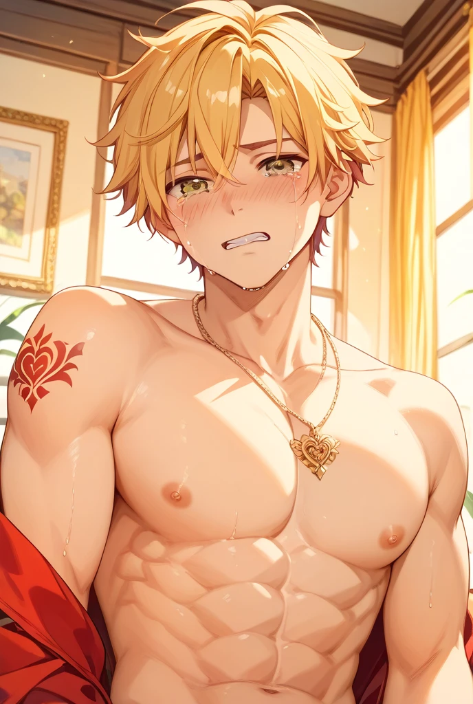 absurdres, highres, ultra detailed, HDR, master piece, best quality, Quincy, blonde hair, expressive amber eyes, Nu Carnival , solo, sexy man, handsome, horny, lewd, without shirt, POV you, hands touching pecs, fantasy, magical, pink flowers, pink butterflies, blue sky, pink petals