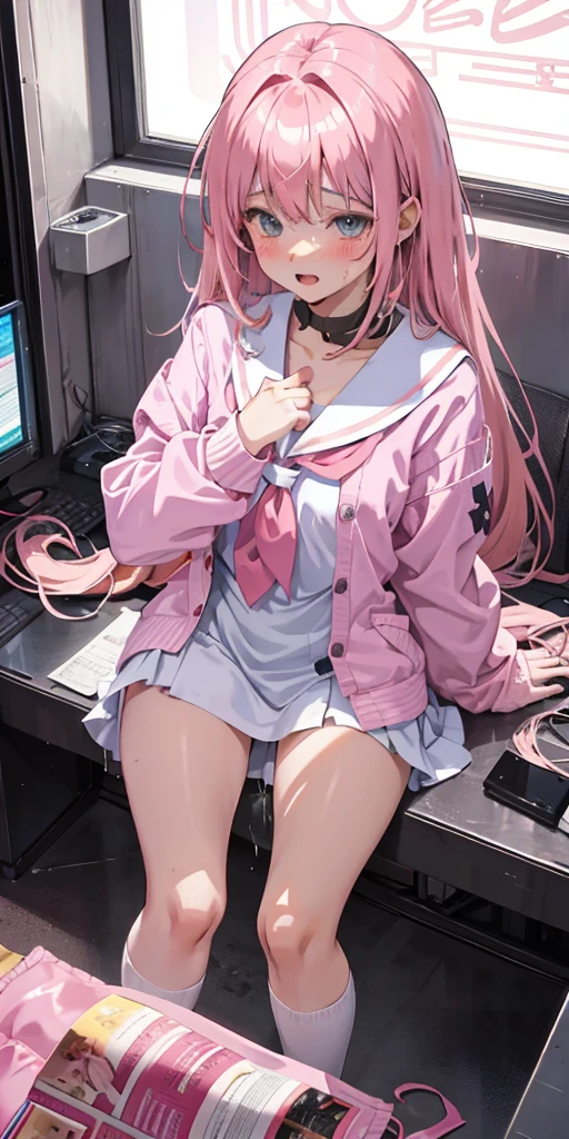 Pink Long Hair,Microvolumes,dual horsetail,,huge tit,Pink eyes,chiquita,Hair curtains,sit on chair,Holding Erlang's legs,Bare legged,close-up on legs,Long legs,A bottom-up perspective,hand on leg,,Clothes soaked with sweat,The chest is high,The look of holding your head up and your chest up,Wearing a white school uniform,a black skirt