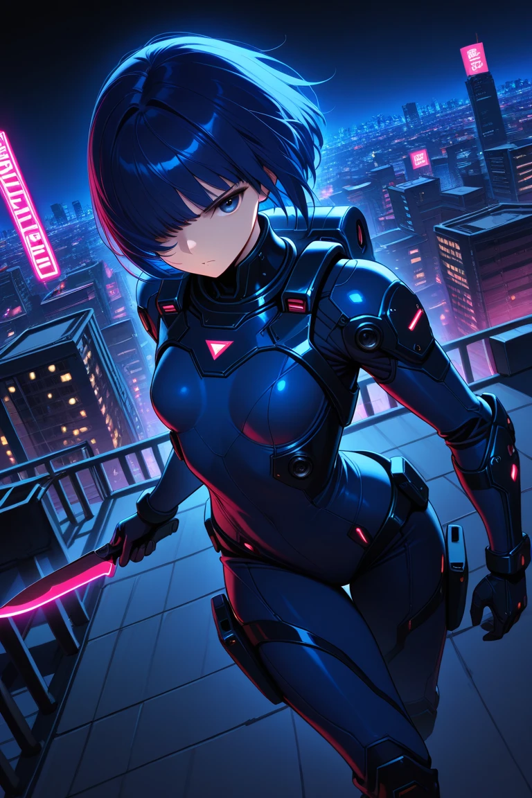 Young women,short hair,blue eyes,medium breasts,short frame,cyberpunk,scifi,bodysuit,indoors,balcony,
