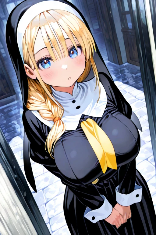 (Highest quality), (masterpiece), 1080P, High resolution, 4K, 8K, Black Mask, Selfie, Are standing, Thigh straps, Shooting from directly below, ((Nipples)), ((White panties)), Gothic Lolita, Frilled Skirt, White sweat, Covered , Sweaty, Woman looking down, To achieve this, 16 years old, Small breasts, Upper Body, Black leather shoes, Braided hair, Ear hair, Inner Color, Embarrassed face, Long Hair, Yellow Eyes, bracelet, alley, dim