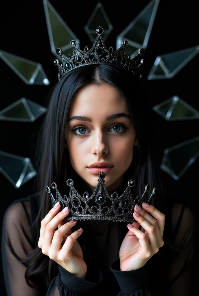 (princesa de olhos escuros), (large shiny crown on head), (olhar fixo para frente), (cebelo negro) (grande escala) (tamanho da imagem para wallpaper)