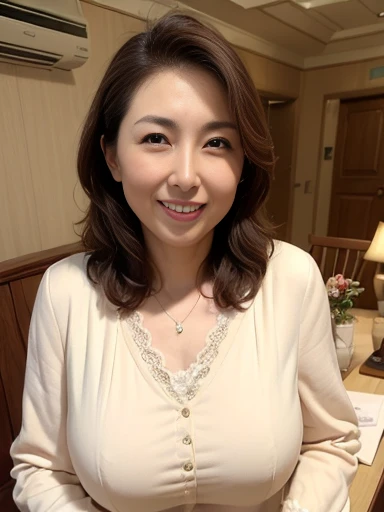 masutepiece, Best Quality, Illustration, Ultra-detailed, finely detail, hight resolution, 8K Wallpaper, Perfect dynamic composition, Beautiful detailed eyes, Business suits,Mini skirt、Medium Hair, Colossal tits:1.2, Natural Color Lip, Sit on a chair and cross your legs,Smile、25 year old girl
