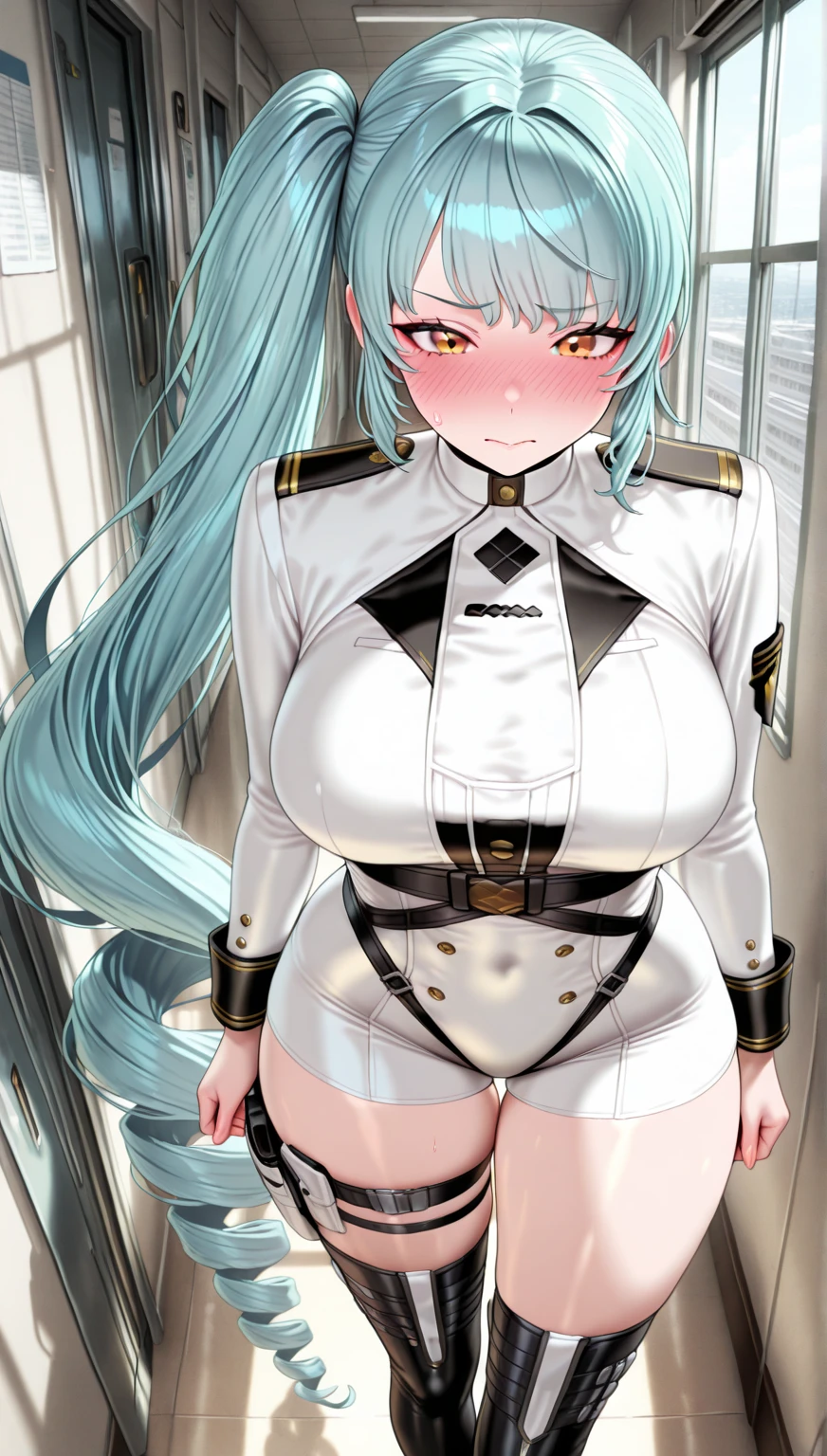 (privacy (NOD) ),(Light blue hair)、(Long twin tails)、(White tight military uniform),(White military cap)、(True to prompts)、(High Grade)、(Glaring with sharp eyes)、(Super big breasts),(Busy Street)、(Many people々々々々々々々々々々々々)、(sunny)、(blue sky)、(Best lighting)、{{{Browsing Caution}}}、{{{masterpiece}}}, {{{Highest quality}}}, {{ultra-detailed}}, {{shape}}, {{{Very delicate and beautiful}}},{{extremely detailed CG}}、{{unity 8k portrait}}、{{Fabric Shading}}、{{super detailed skin}}、{{Perfect Anatomy}}、{{detailed}}、{{Dynamic Lighting}}、{{{beautiful detailed eyes}}}、{{{beautiful detailed Face}}}、(Perfect Legs)、(Perfect breasts)、(Perfect pose)、(Perfect body)