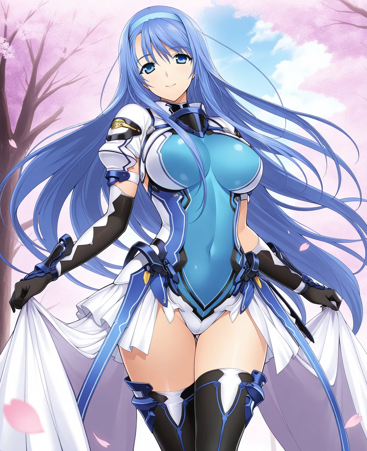 (Perfect Anatomy)、Mastepiece、Ultra High Quality、 8k、masterpiece、Highest quality、Ultra-high resolution、Maximum resolution、Very detailed、Professional Lighting、anime、woman、thin、Very beautiful face、Very beautiful eyes、(Highly detailed eye)、Highly detailed face、Transformation Heroine、Blue Hair、Blue Eyes、White and blue outfit、Long Hair, ontouring, makeup, eyeliner, eye shadow, pink cheek, pink lips, full body, standing, happy