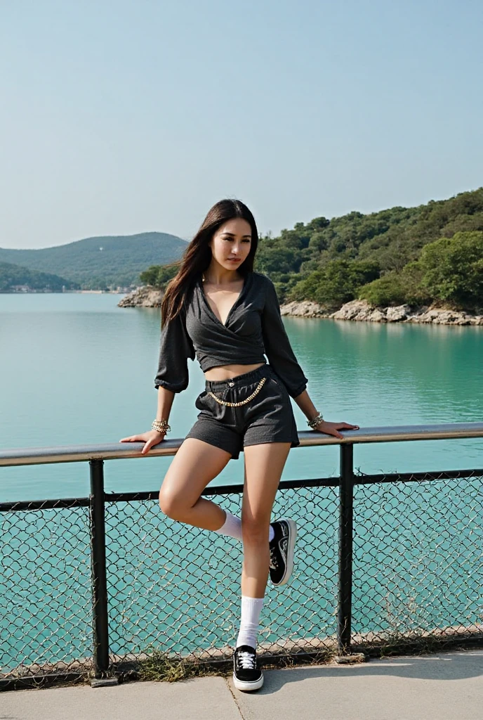 a close up of a woman in a white wet shirt and black short shorts, centre image, sukhothai costume, royal elegant pose, regal pose, mai anh tran, proud look, queen of the sea mu yanling, model posing, with crown, miss universe, pr shoot, top, mid shot portrait, full body photogenic shot, may, proud smile, perfect hands and fingers,