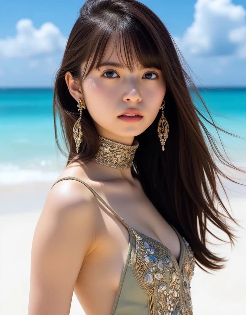 Ultra-realistic 8K CG, First Job, ((Ultra-detailed backgrounds, Delicate pattern, Intricate details)), (Very detailed, The finer details), Better Quality, (Realistic: 1.4), Beautiful lighting, absurdes, RAW Photos, Film Grain, ((Huge-breasted,  slim)), Nico robin V2, One girl, Black  long straighthair, alone, Long Hair, jewelry, ((Huge-breasted,  slim,  fine details　bikini, sexly, Lewd, big eyes, View your viewers,  Cleavage,  clavicle, (Intricate detailed background, outer, Beach Environment, Sunny, nature), ((Portraiture, close)), (breast squeeze:1.3)