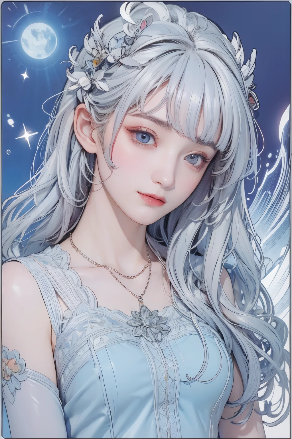 (Beautiful woman with fair skin), (Calm and gentle smile like a girl), Clear light blue eyes, (Medium-length almost straight silvery white hair), Close-up, Portrait, (Cool-colored shirt), (Slim figure), Small ice necklace, (Cold ice world in cool colors), Entire building made of ice, Ice room, Small transparent snowflake flowers, Shining snow, Large snowflakes, Everything is ice world, Cool-colored lighting, Fine and precise details, Use of contour lines, Clean line drawing, (Alphonse Mucha-style composition), (Stylish ice decorative frame in Art Nouveau style), Masterpiece!, Beautiful!, Wonderful!, Perfect!
