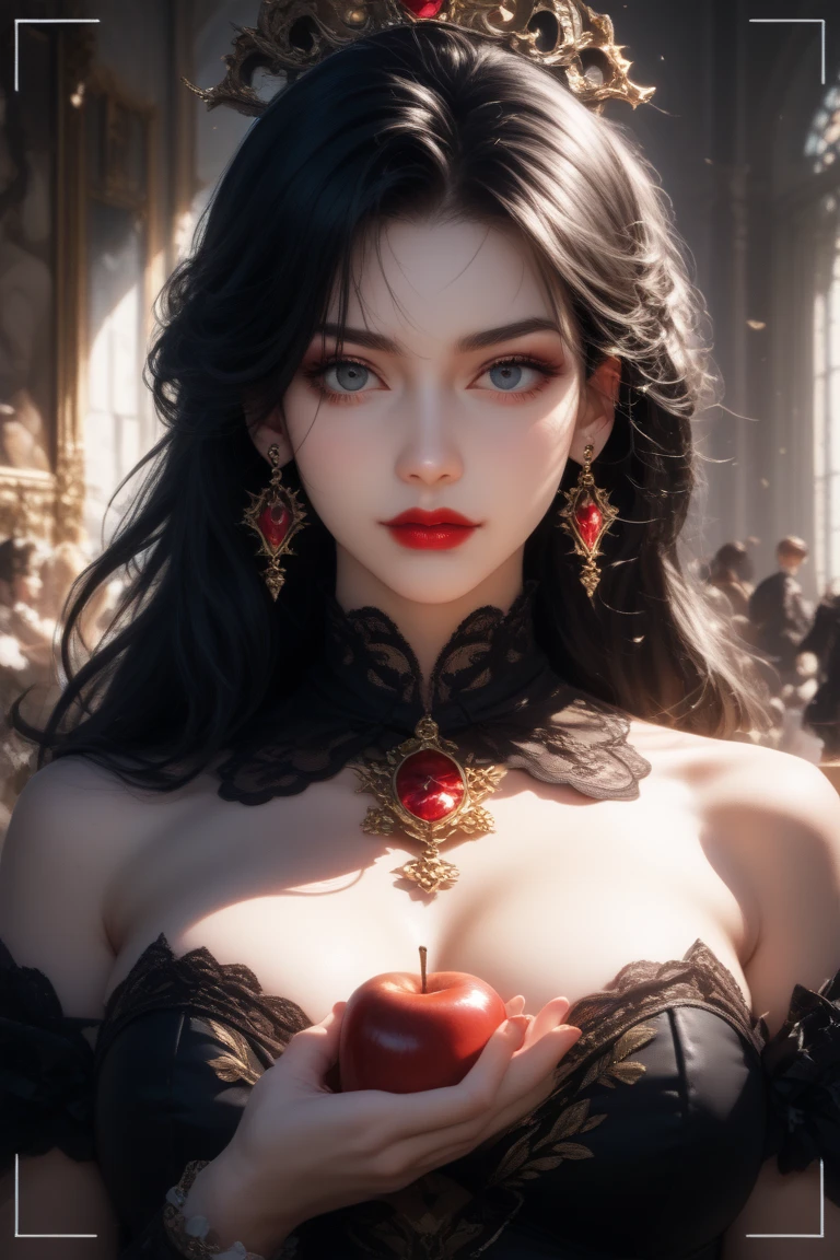 ((best quality)), ((masterpiece)), (detailed), ((normal ???????)), ((normal body proportions for an adult woman)), ((beautiful eye detail)), perfect face, high detail, charismatic, full body, cinematic lighting, defined body, super detail, high realism, back straight, front facing, princess face, an extremly beautiful woman with long black curly hair with a long fringe, large perfect emerald green eyes, ancient medieval english fantasy theme, she is wearing a beautiful black and red formal ancient medieval off-shoulder gown with very high detail and a black silk choker, large 4 post bed in background, coy seductive smile, flirty, full red lips in a pout, 30 year old, portrait style image