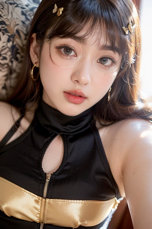 full_body,girl,16K,solo,longeyelashes,moaning or panting face , two-tone pink hair, yellow robe,red thighband pantyhose,looking at viewer,eye looking up,ahegao,Cross-eyed, one mole under eye,embarrassed,arm behind back,leg hug,sitting on table