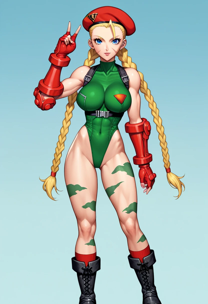 Photo of cammyst in the desert, with her long blonde hair, blue eyes, and a green leotard, standing confidently while wearing a red beret and sporting a stylish braid, looking directly at the viewer. huge , big lips