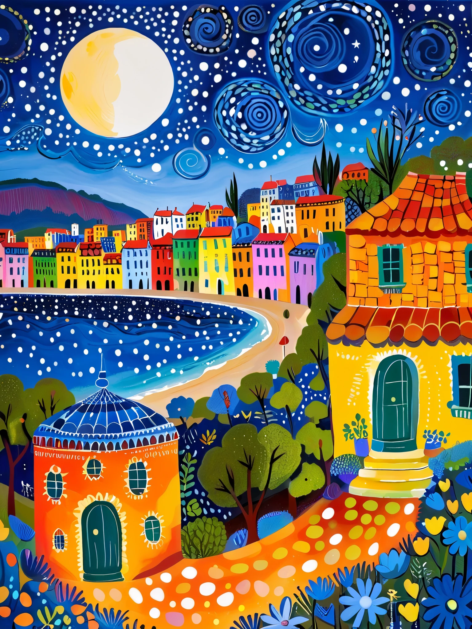 painting depicting a night view of the city and full moon , author:by Camille Bombois, author Jean Hey, Paul Signac (Paul Signac) Inspiration, 受到莫里斯·丹尼斯Inspiration, Inspired by Michel Delacroix, Starry Night, inspired author:by Camille Bombois, 在Starry Night里, inspired by Georges Lacombe, author Pierre Roy, inspired by Marianne von Verefkin