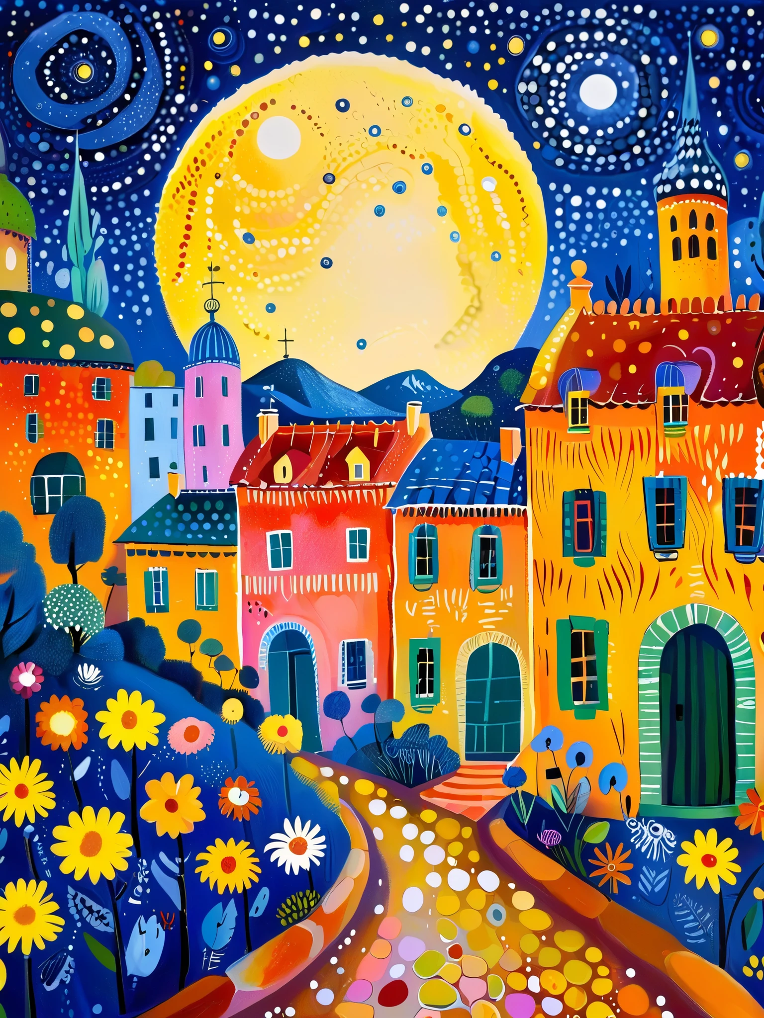painting depicting a night view of the city and full moon , author:by Camille Bombois, author Jean Hey, Paul Signac (Paul Signac) Inspiration, 受到莫里斯·丹尼斯Inspiration, Inspired by Michel Delacroix, Starry Night, inspired author:by Camille Bombois, 在Starry Night里, inspired by Georges Lacombe, author Pierre Roy, inspired by Marianne von Verefkin