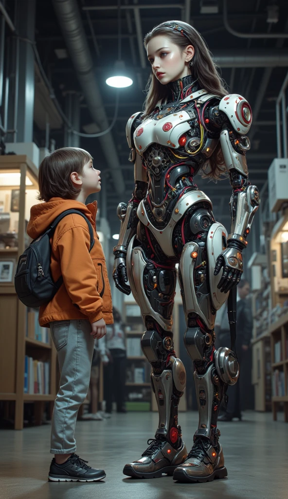 humanoid robot with a sleek design, equipped with a large coat full of compartments and pockets, backpack attached, short curly hair-like wires, modern thick-rimmed glasses for sensors, sturdy and stylish metallic legs resembling boots, confident and determined posture, soft and natural lighting, realistic textures on the coat and backpack, high resolution and image quality, vibrant colors and well-defined contrast, against a 100% white background"