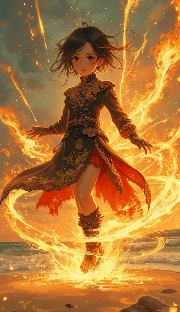 A little hijab girl, wearing a long skirt, proudly holding a large red and white flag, with highly detailed eyes and face, exuding extreme happiness, celebrating Indonesian Independence Day, with splashes of water and fire in the background, creating a dramatic atmosphere.