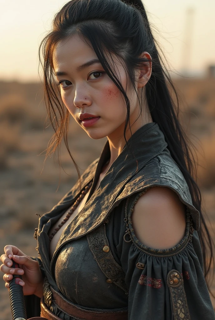 samurai woman, ((masterpiece, highest quality, Highest image quality, High resolution, Raw photo, 8K)), ((Extremely detailed CG unified 8k wallpaper)), (huge stunning goddess shot, very hot and sexy, sexy revealing samurai armor with a sword, sensually posing for the camera laying down on her stomach, full body, jaw-dropping beauty, perfect proportions, beautiful body, slim body beauty:1.4), black hair, shy, photorealistic, from above, 16k, 8k, 4K, award winning, 16k, 8k, 4K, 16k, 8k, 4K