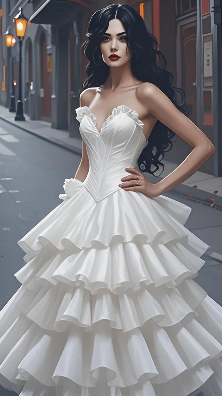Create an image of a white apron design with ruffles and lace for a drag queen
