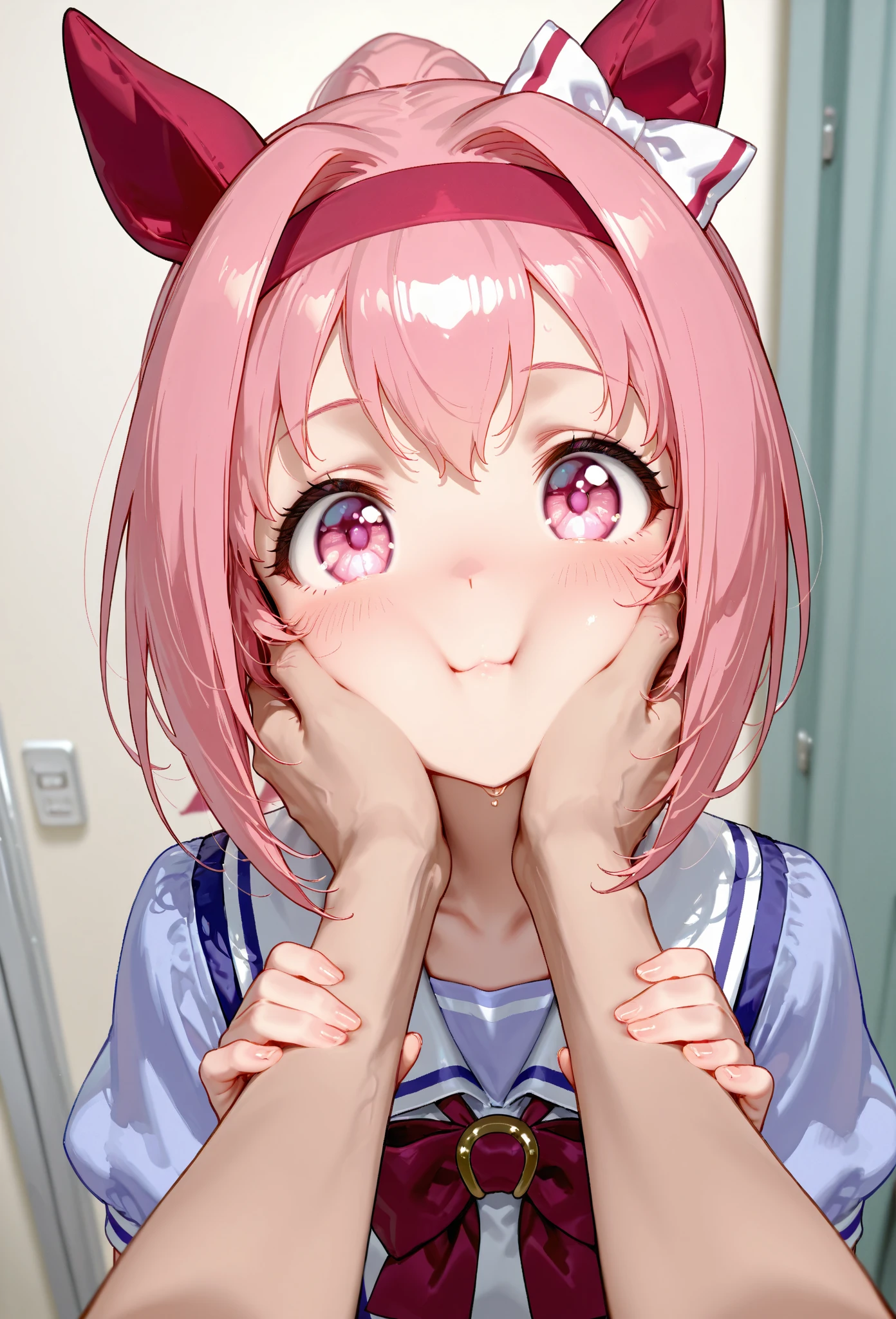 {best quality}, {very aesthetic}, {ultra-detailed}, {best illustration}, nsfw, girl, Pigtails, pink hair, nude, fellatio, penis, deep throat, :>=