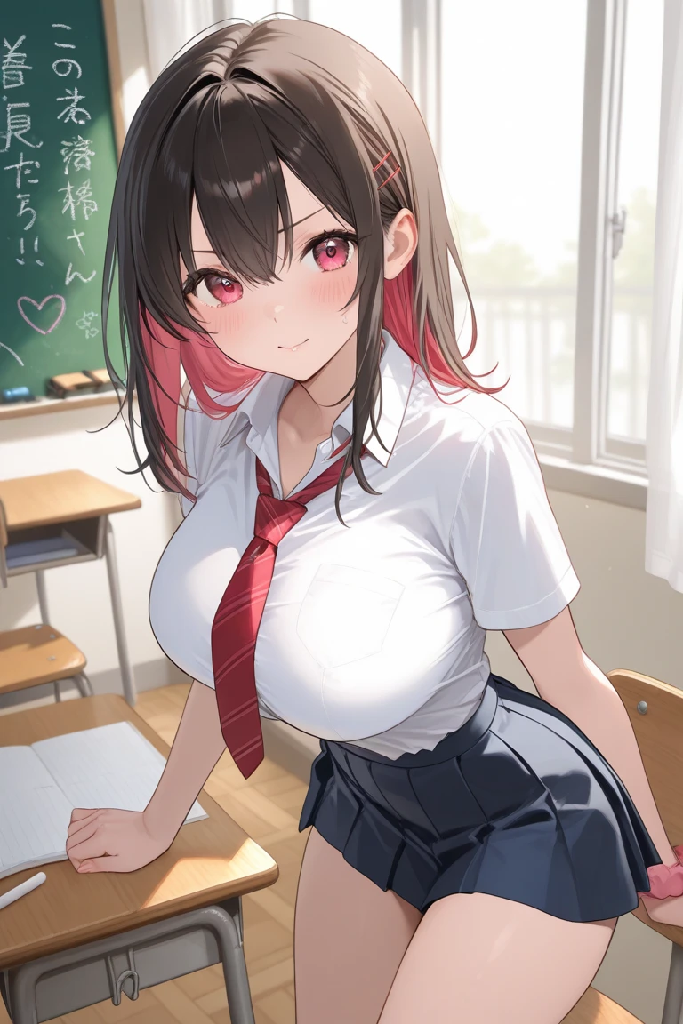 1 girl, underwear, skirt, alone, underwear, Chest, classroom, shirt, bow, lexistg_hair, white_, skirt_lift, existindoor, Smile, Open_clothing, bowtie, navel, watch_exist_audience, clothing_lift, white_shirt, table, School_, blush, School_table, Bangs, Brown_hair, pleexisted_skirt, blackboard, No_OK, spread_leg, Brown_Eye, jacket, Red_bow, Open_shirt, lifted_go through_Mine, closure_Mouth, Red_bowtie, collaRed_shirt, lexistg_sleeve, side lock, Comfortable_Chest, Dutch_angle, skirt_shirt, sitting, leave_Shoulder, big leg, Open_jacket, Stomach, exist_table, suit, flashing, chair, Black_skirt, 