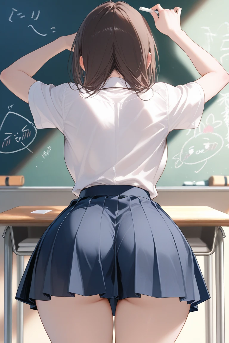 (masterpiece) (ultra detailed) (best quality) From above view, from behind view, Slim skinny ass, bent over a desk, centered shot, panties pulled down around ankles, medium breasts, t-shirt, background is an empty classroom, very dark, no lights, heavy shadows, minimal reflective light, night time, ultra low lighting