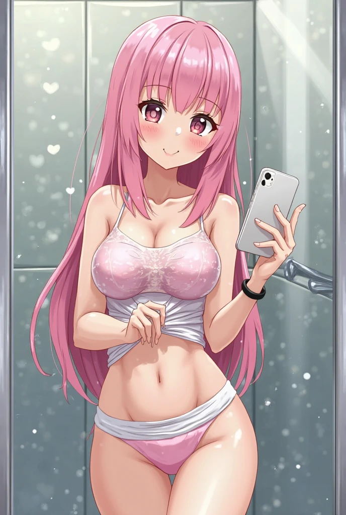 masterpiece, {{{{Highest quality}}}}, beautiful,NSFW,1 girl, cosplayer (someone who participates in cosplay), {{{salmon pink hair}}}, {{{light brown eyes}}}, {{{underwear only}}}, {{{bow bra(salmon pink)}}},{{{bow panties(salmon pink)}}}, lace-trimmed bra(salmon pink), lace-trimmed panties(salmon pink), lace trim(black), a choker、selfee、piece、taking a picture of oneself (esp. with cellphone camera), self_shot