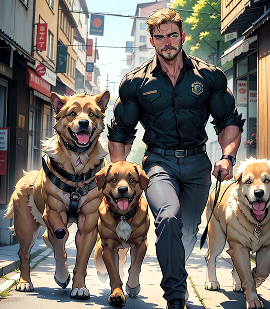 Strong humanoid dog in prison uniform receiving a visit from his dog family, with mini pumped up dogs