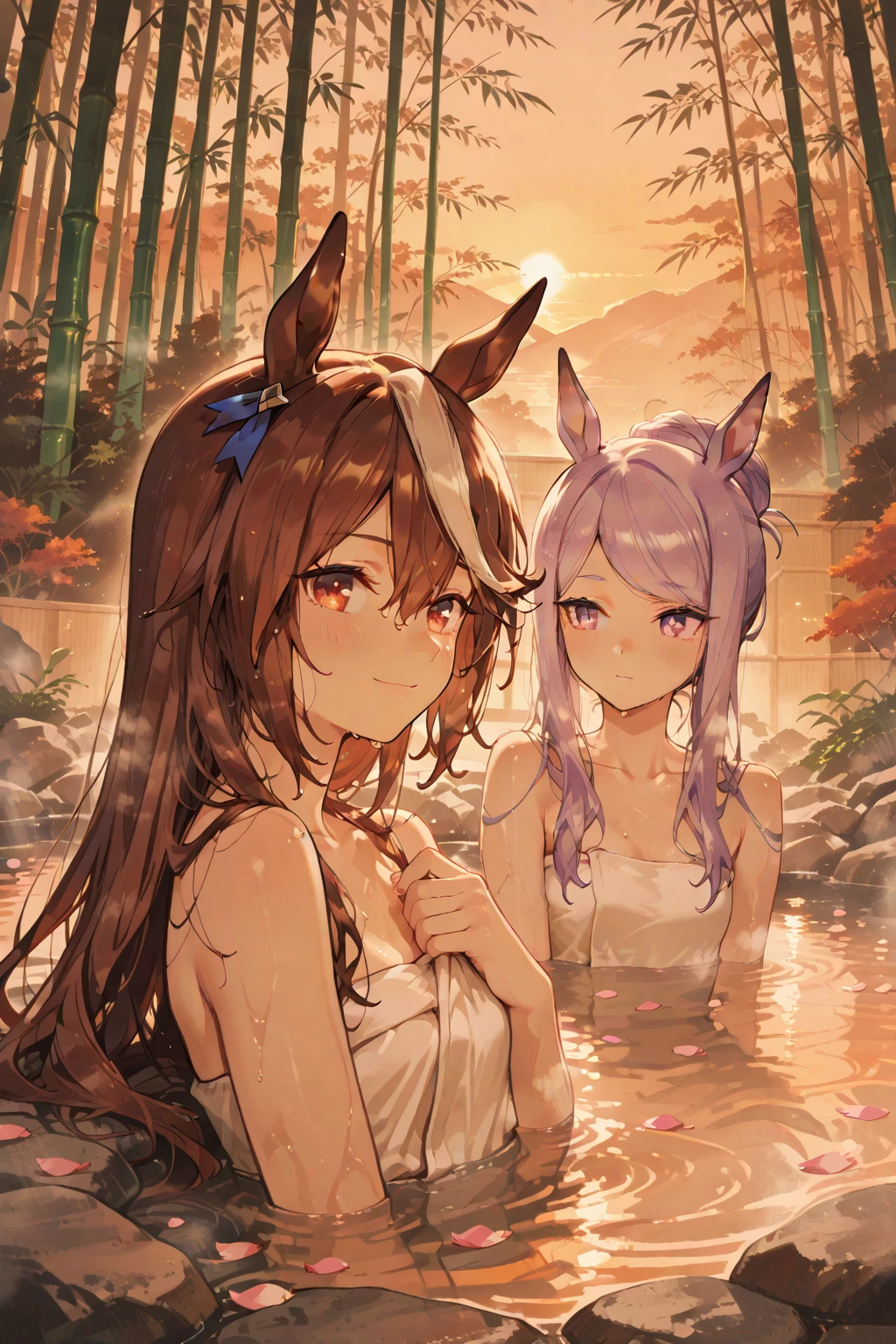 masterpiece, high resolution, high quality, open-air bath, night, 2 girls, (bath towel, red hair ornament, big, cat ears, floral, yellow eyes, gray hair, twin tails), (bath towel, purple hair ornament, big, floral pattern, red eyes, black hair, ponytail), NSFW, seduction, kissing