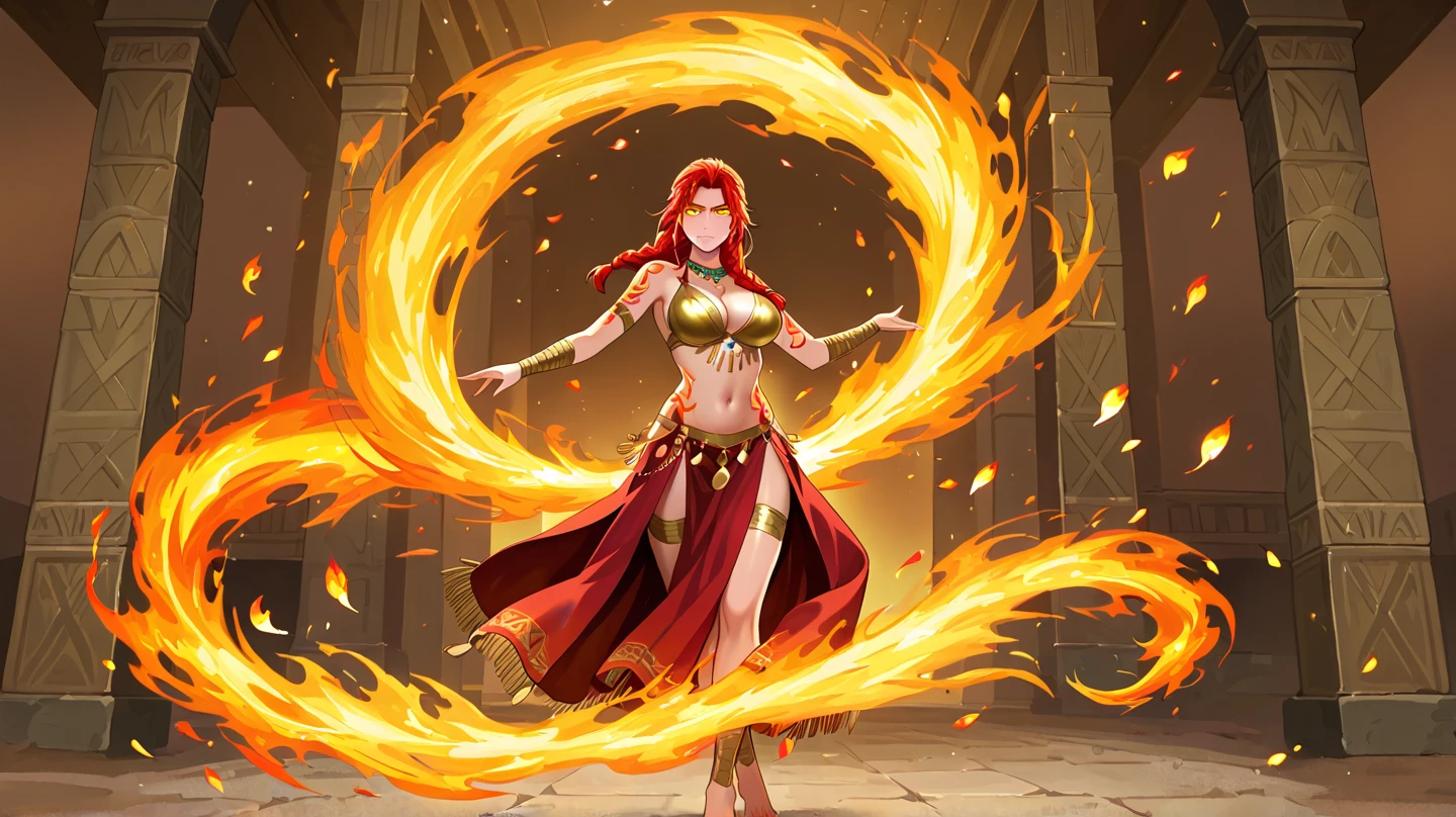 Red hair, fire themed dress, large breasts, dark skin, burning red eyes, fire elemental, smile, crown of flame, fire crystal necklace