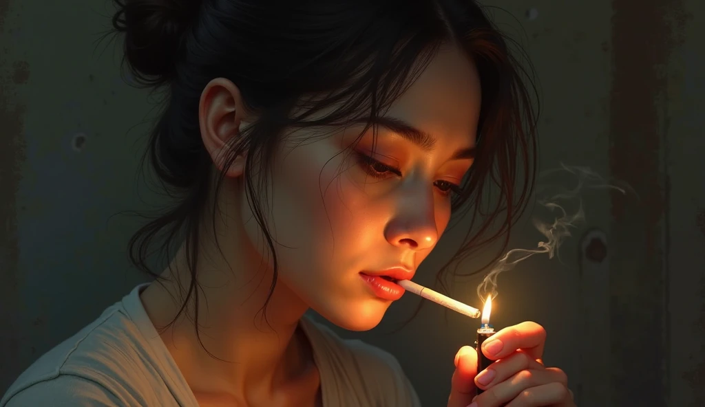 photoshoot, scene art by Atey Ghailan and (Carne Griffiths:1.2) , ((detailed face)), side-profile of a Ugly Alena, Smoking pose, black hair, Movie still
