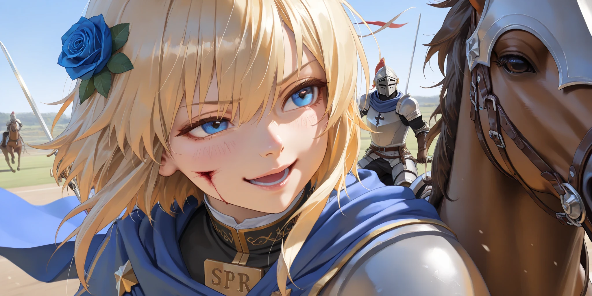 wide range shot, 
score_9, score_8_up, score_7_up, score_6_up, score_5_up, score_4_up, rating_safe, source_photorealistic
 BREAK {(masterpiece,best quality, 16K portrait, UHD, extremely beautiful detailed and super-fine-photorealistic expression)}
 BREAK {(super-fine-photorealistic expression:1.4),(super-fine-photorealistic face:1.5),(contour-emphasis),(beautiful artwork)}

The Blue Rose Knights are marching at cruising speed on their cavalry. The knights are made up entirely of women. The leader, an unknown female knight of the lower ranks, has a sword wound on her face and is a hero who has survived countless gruesome battlefields. Three strong female light infantrymen are running beside her as attendants. All of them are lightly armed and have a firm, springy gait, moving swiftly while keeping their eyes on the ground. The elite knights number 200 and are all mounted on horseback. They are running at a steady pace without getting too close to each other.