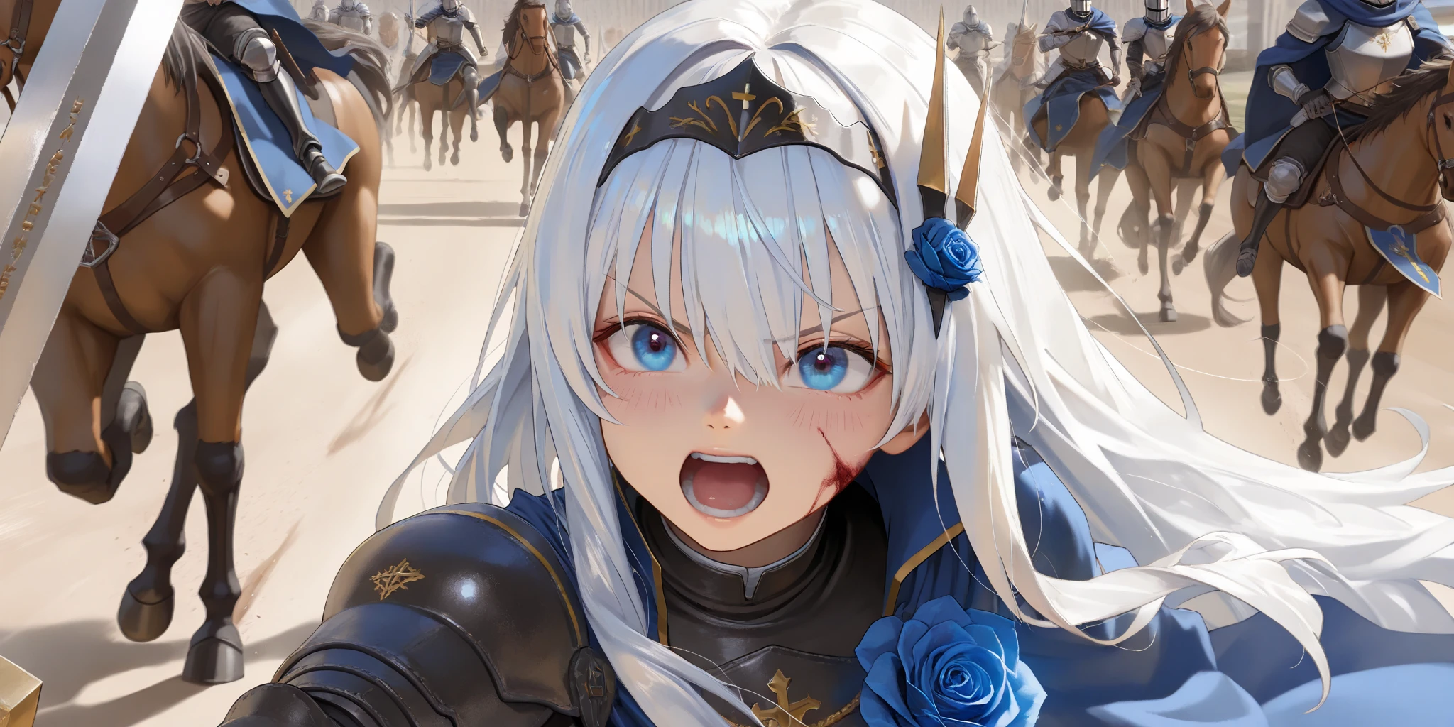 wide range shot, 
score_9, score_8_up, score_7_up, score_6_up, score_5_up, score_4_up, rating_safe, source_photorealistic
 BREAK {(masterpiece,best quality, 16K portrait, UHD, extremely beautiful detailed and super-fine-photorealistic expression)}
 BREAK {(super-fine-photorealistic expression:1.4),(super-fine-photorealistic face:1.5),(contour-emphasis),(beautiful artwork)}

The Blue Rose Knights are marching at cruising speed on their cavalry. The knights are made up entirely of women. The leader, an unknown female knight of the lower ranks, has a sword wound on her face and is a hero who has survived countless gruesome battlefields. Three strong female light infantrymen are running beside her as attendants. All of them are lightly armed and have a firm, springy gait, moving swiftly while keeping their eyes on the ground. The elite knights number 200 and are all mounted on horseback. They are running at a steady pace without getting too close to each other.